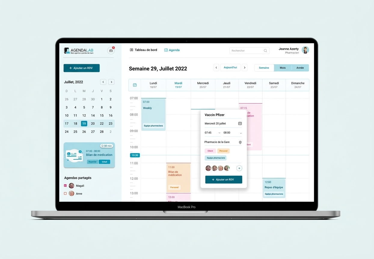Agenda du logiciel : vue semaine, rendez-vous et fenêtre de création de rendez-vous