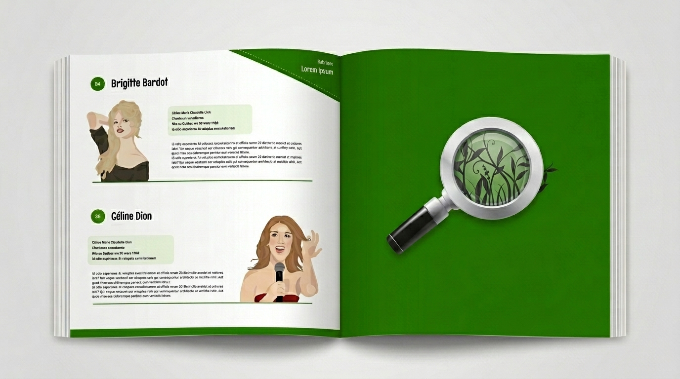 Livre ouvert : une page de portraits illustrés face à une page verte avec une loupe