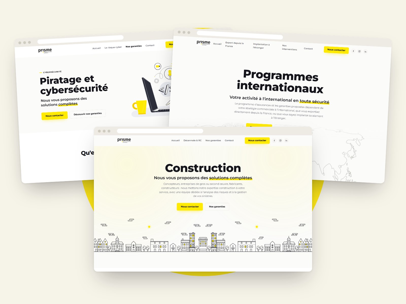Les trois landing pages Construction, Cybersécurité et Programmes internationaux